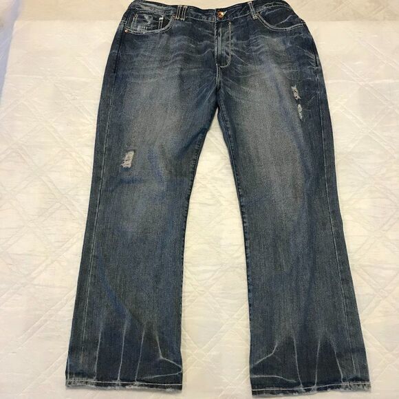 Akoo Brand distressed wide‎ leg blue jeans 42X33 - Picture 1 of 11